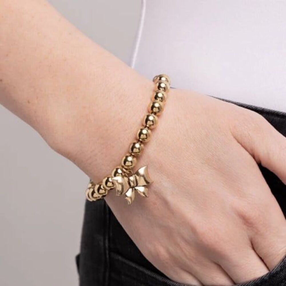 Paparazzi Jewelry Young Lady Beaded Bow Bracelet Gold Stretch Slip On Bold New